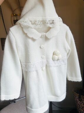 Baby Girls' White Hooded Knit Coat with Lace Trim